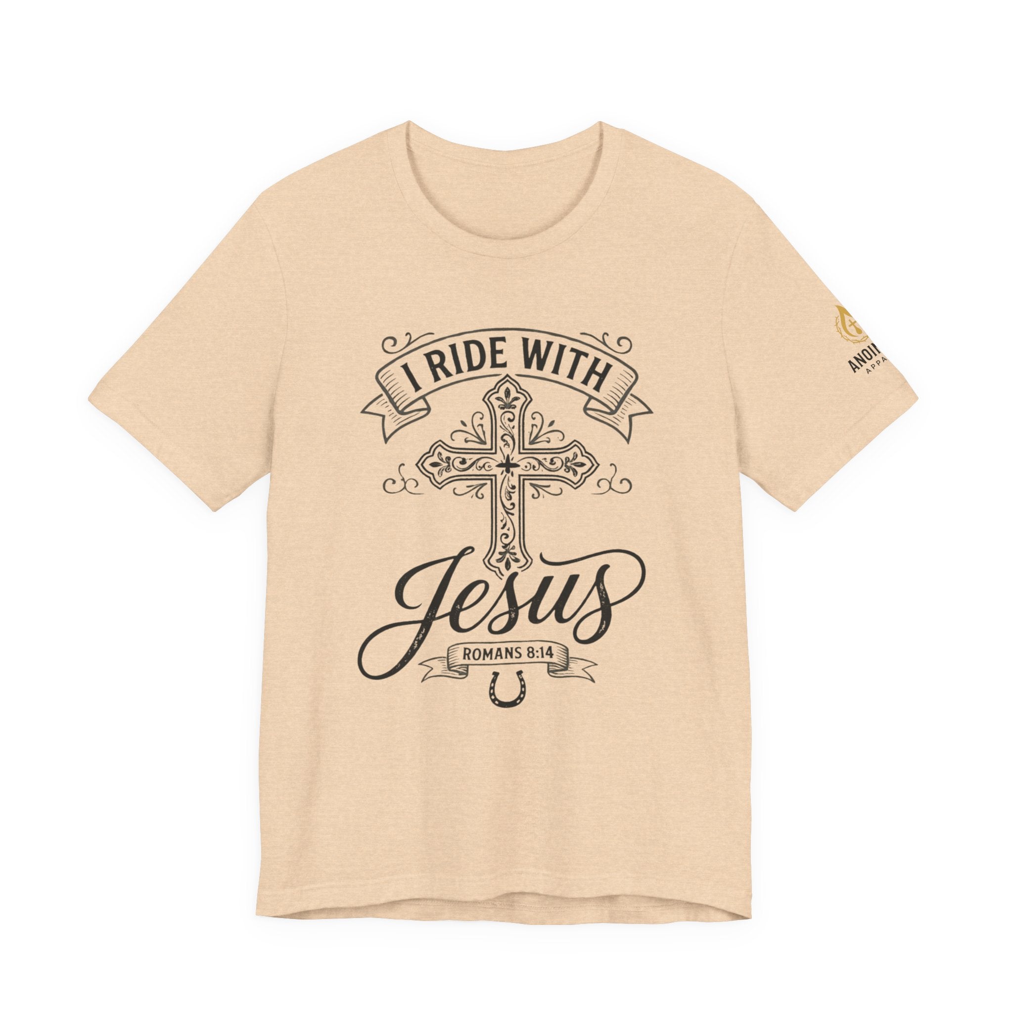 Romans 8:14 - "I Ride With Jesus" (Ladies) (Design on Front/Logo on Sleeve)