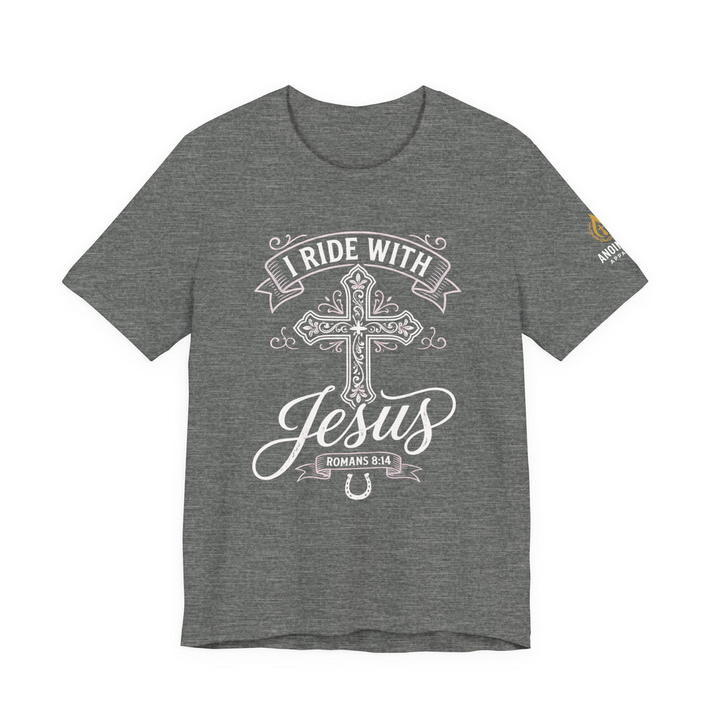 Romans 8:14 - "I Ride With Jesus" (Ladies) (Design on Front/Logo on Sleeve)