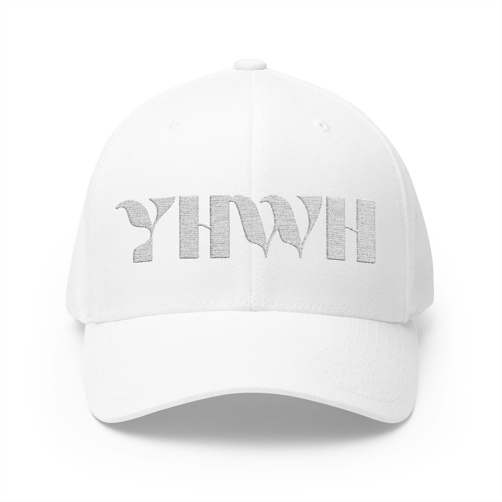 "YHWH" FlexFit Closed-Back (WHITE) (Embroidered Front/Back)