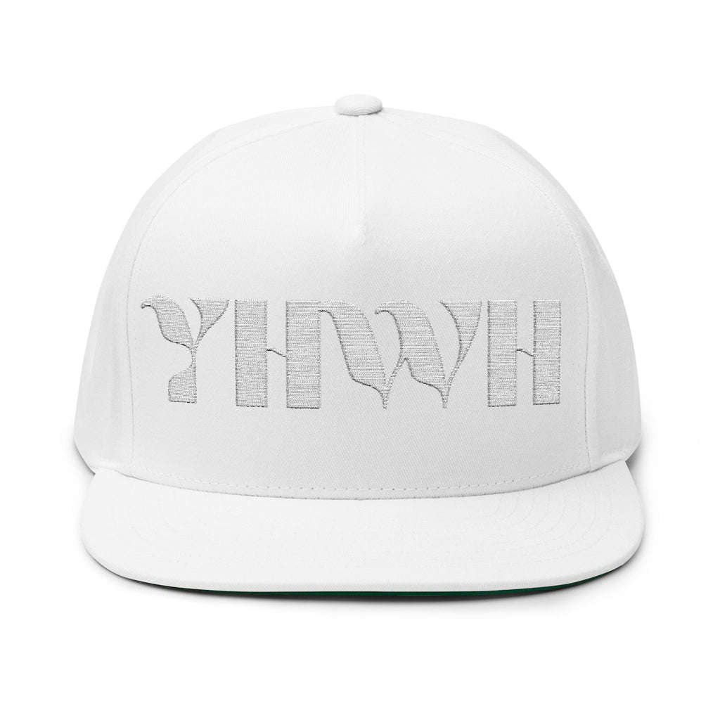 "YHWH" (White) Flat Bill Snapback (Embroidered Front/Back)