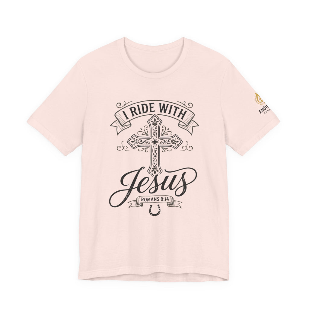 Romans 8:14 - "I Ride With Jesus" (Ladies) (Design on Front/Logo on Sleeve)