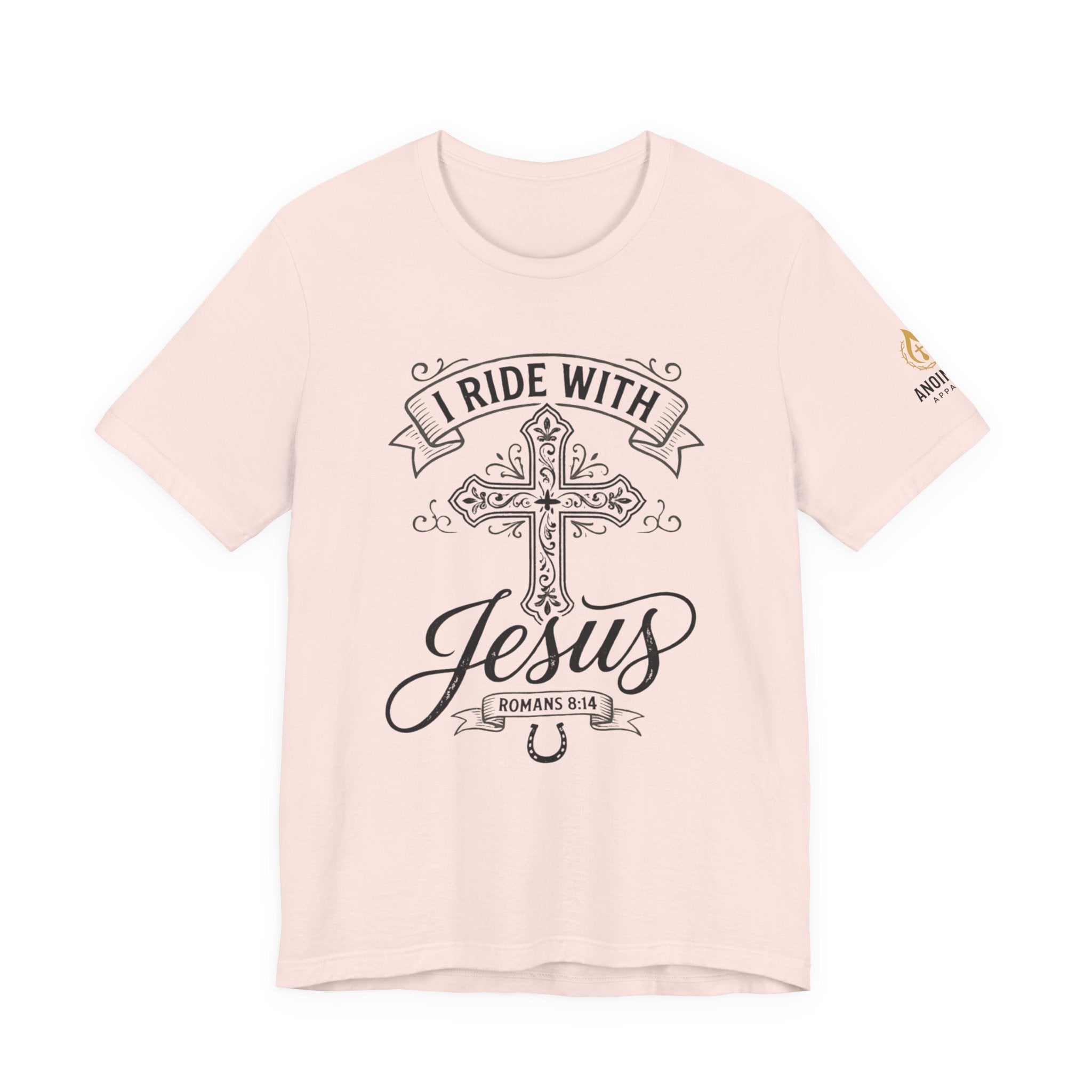 Romans 8:14 - "I Ride With Jesus" (Ladies) (Design on Front/Logo on Sleeve)