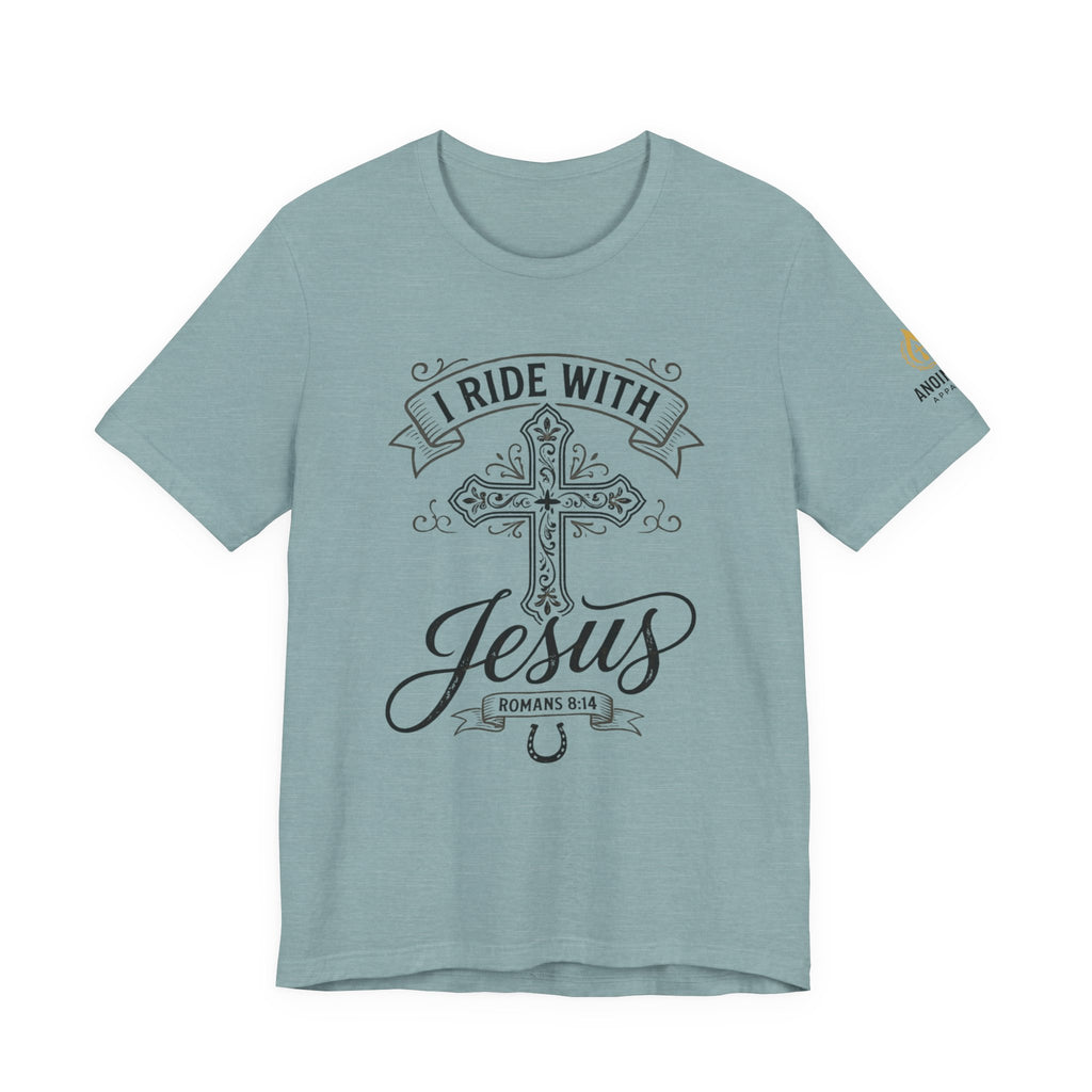 Romans 8:14 - "I Ride With Jesus" (Ladies) (Design on Front/Logo on Sleeve)