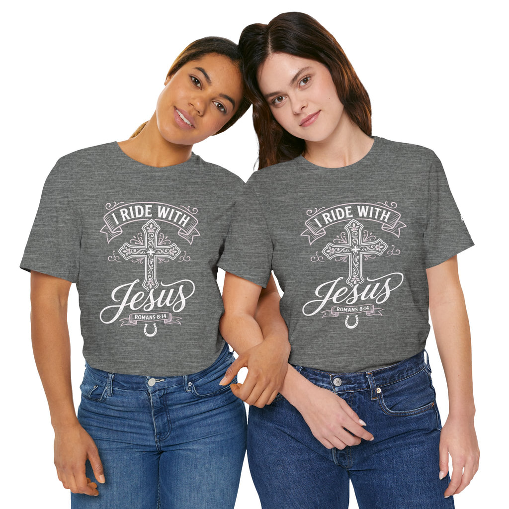 Romans 8:14 - "I Ride With Jesus" (Ladies) (Design on Front/Logo on Sleeve)