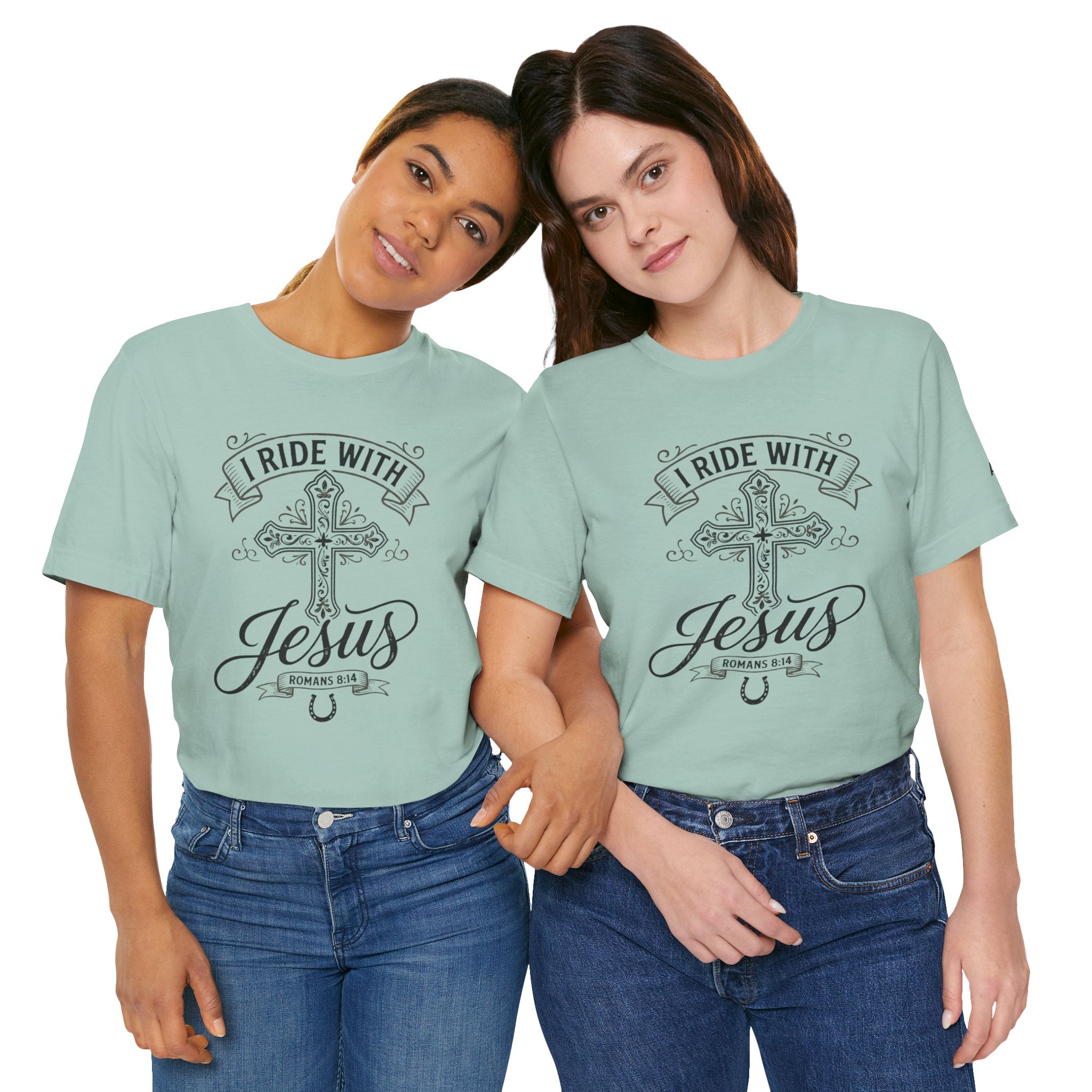 Romans 8:14 - "I Ride With Jesus" (Ladies) (Design on Front/Logo on Sleeve)