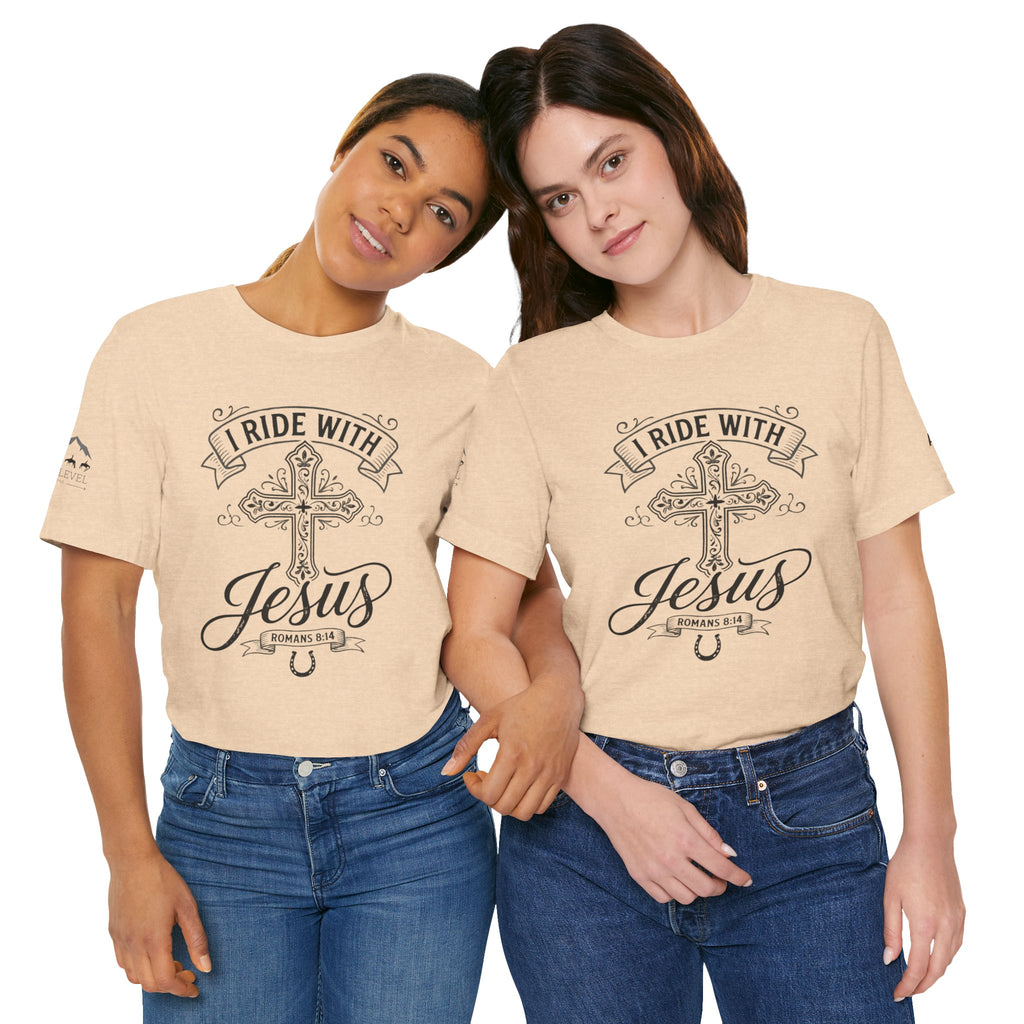 (NLE EDITION) Romans 8:14 - "I Ride With Jesus" (Ladies) (Design on Front/Logo on Sleeve)