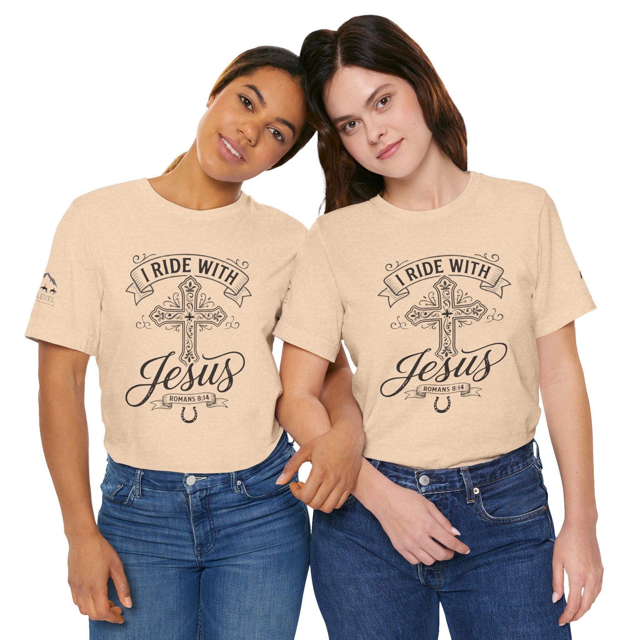 (NLE EDITION) Romans 8:14 - "I Ride With Jesus" (Ladies) (Design on Front/Logo on Sleeve)