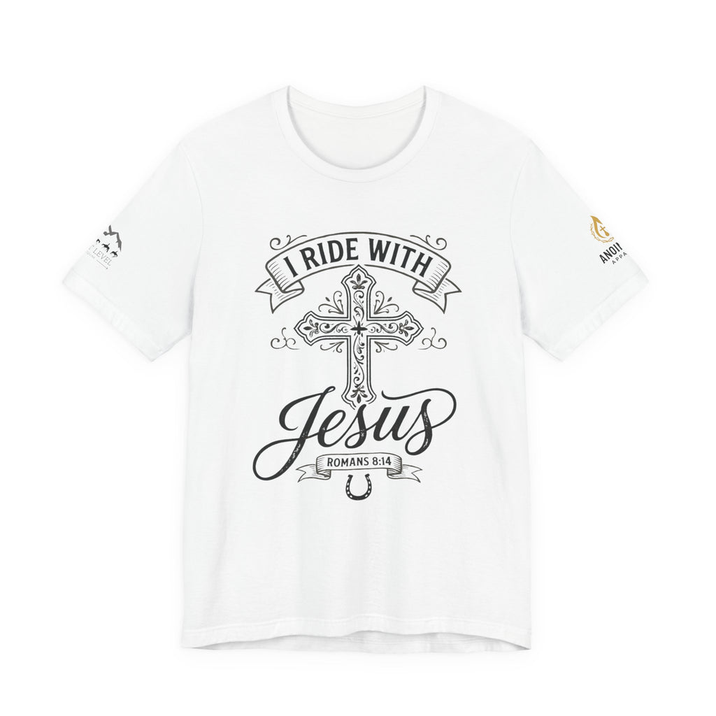 (NLE EDITION) Romans 8:14 - "I Ride With Jesus" (Ladies) (Design on Front/Logo on Sleeve)
