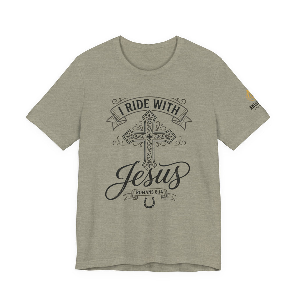 Romans 8:14 - "I Ride With Jesus" (Ladies) (Design on Front/Logo on Sleeve)