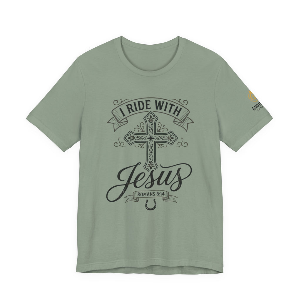 Romans 8:14 - "I Ride With Jesus" (Ladies) (Design on Front/Logo on Sleeve)