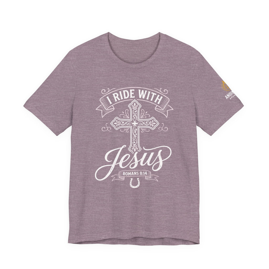 Romans 8:14 - "I Ride With Jesus" (Ladies) (Design on Front/Logo on Sleeve)