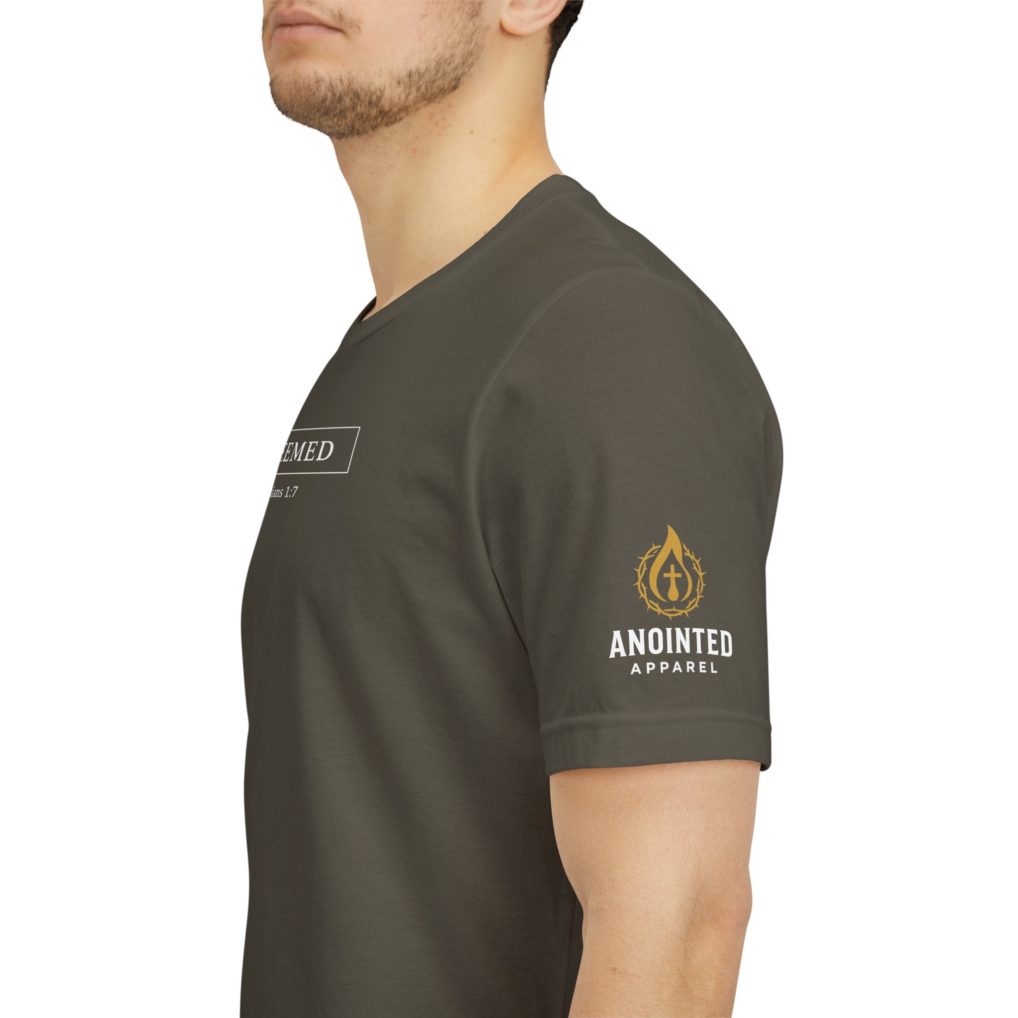 Ephesians 1:7 "Redeemed" (Design on Front/Logo on Sleeve)