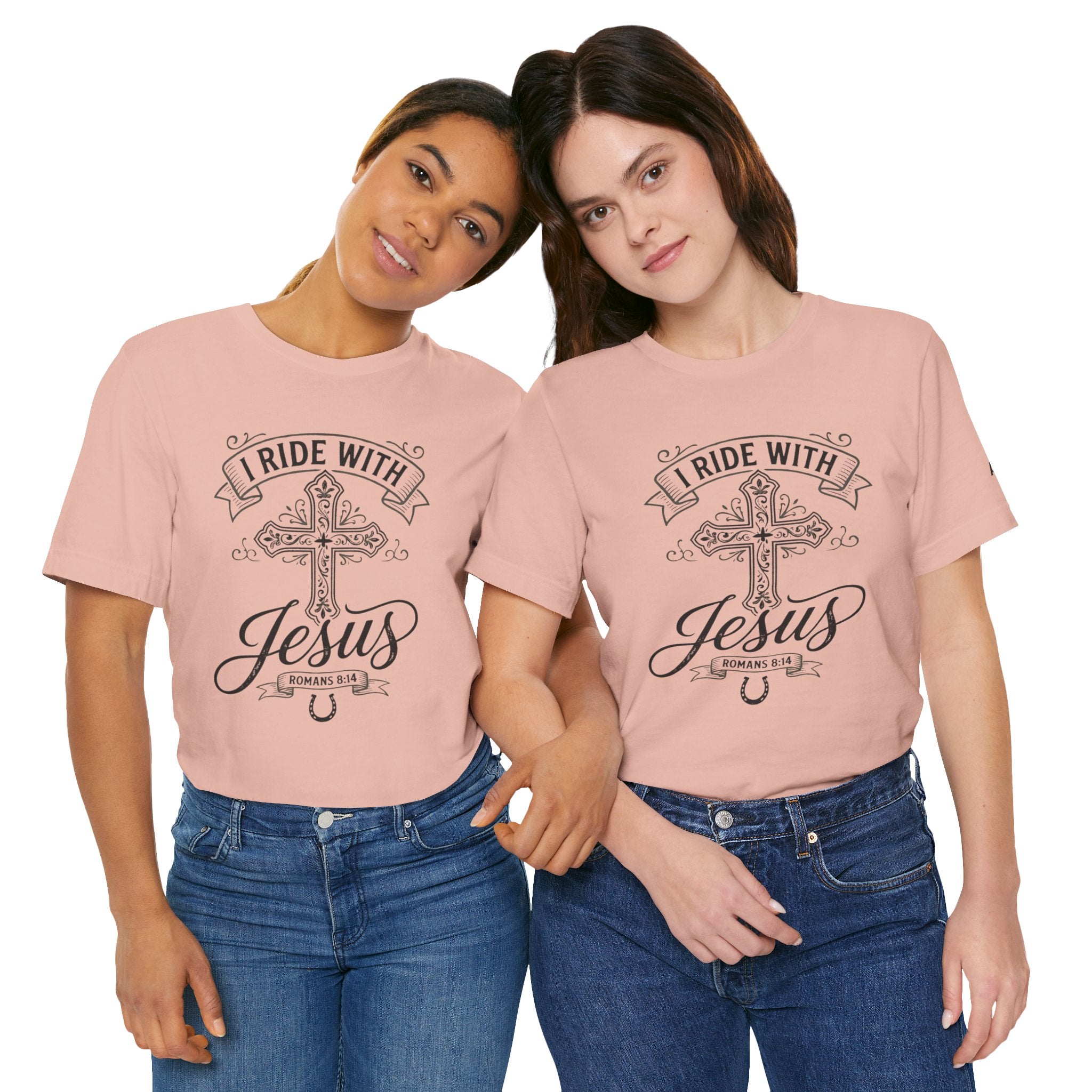 Romans 8:14 - "I Ride With Jesus" (Ladies) (Design on Front/Logo on Sleeve)