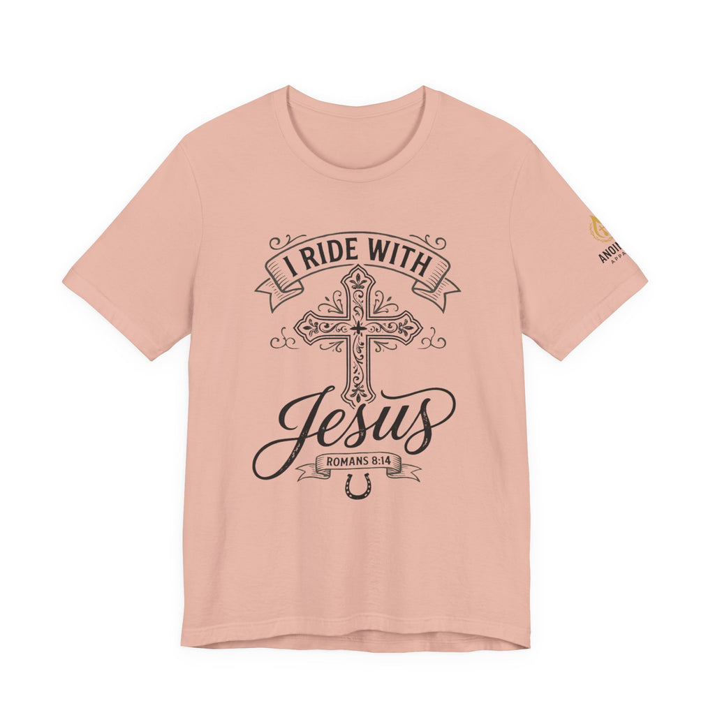 Romans 8:14 - "I Ride With Jesus" (Ladies) (Design on Front/Logo on Sleeve)