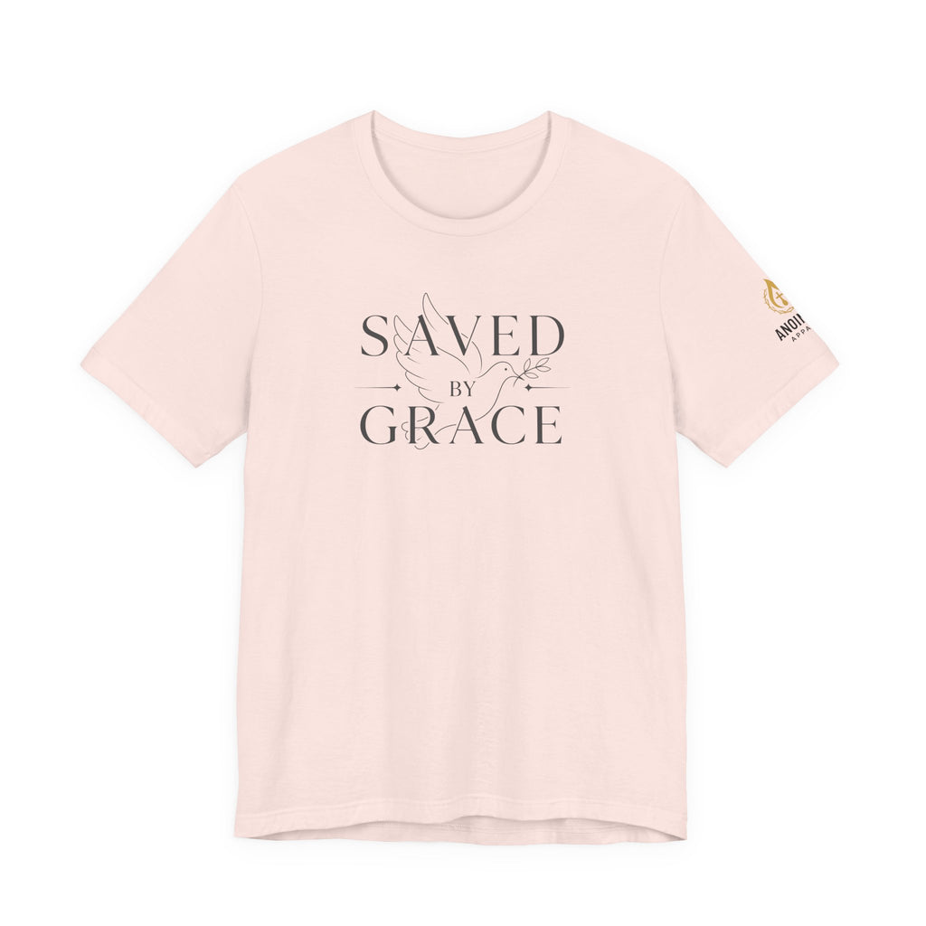 Ephesians 2:8 - "Saved by Grace" (Ladies) (Design on Front/Logo on Sleeve)