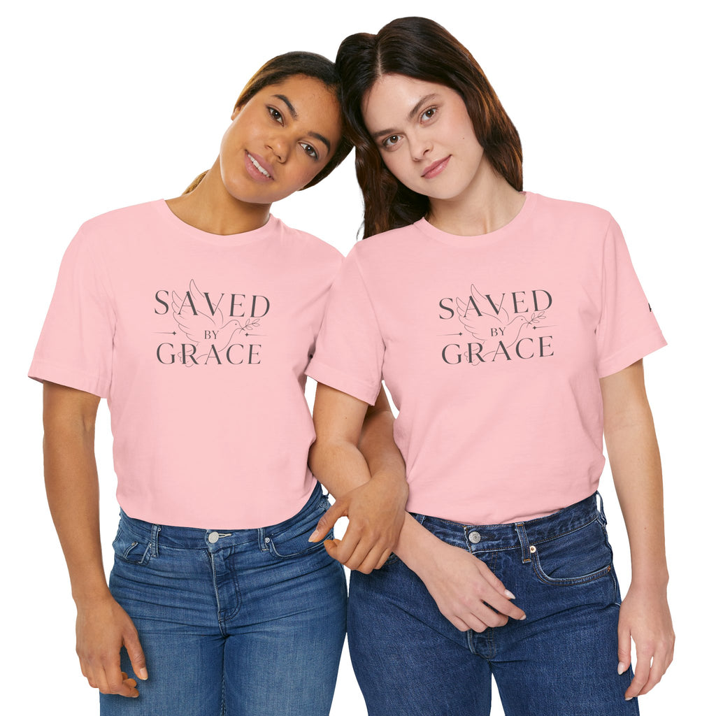 Ephesians 2:8 - "Saved by Grace" (Ladies) (Design on Front/Logo on Sleeve)