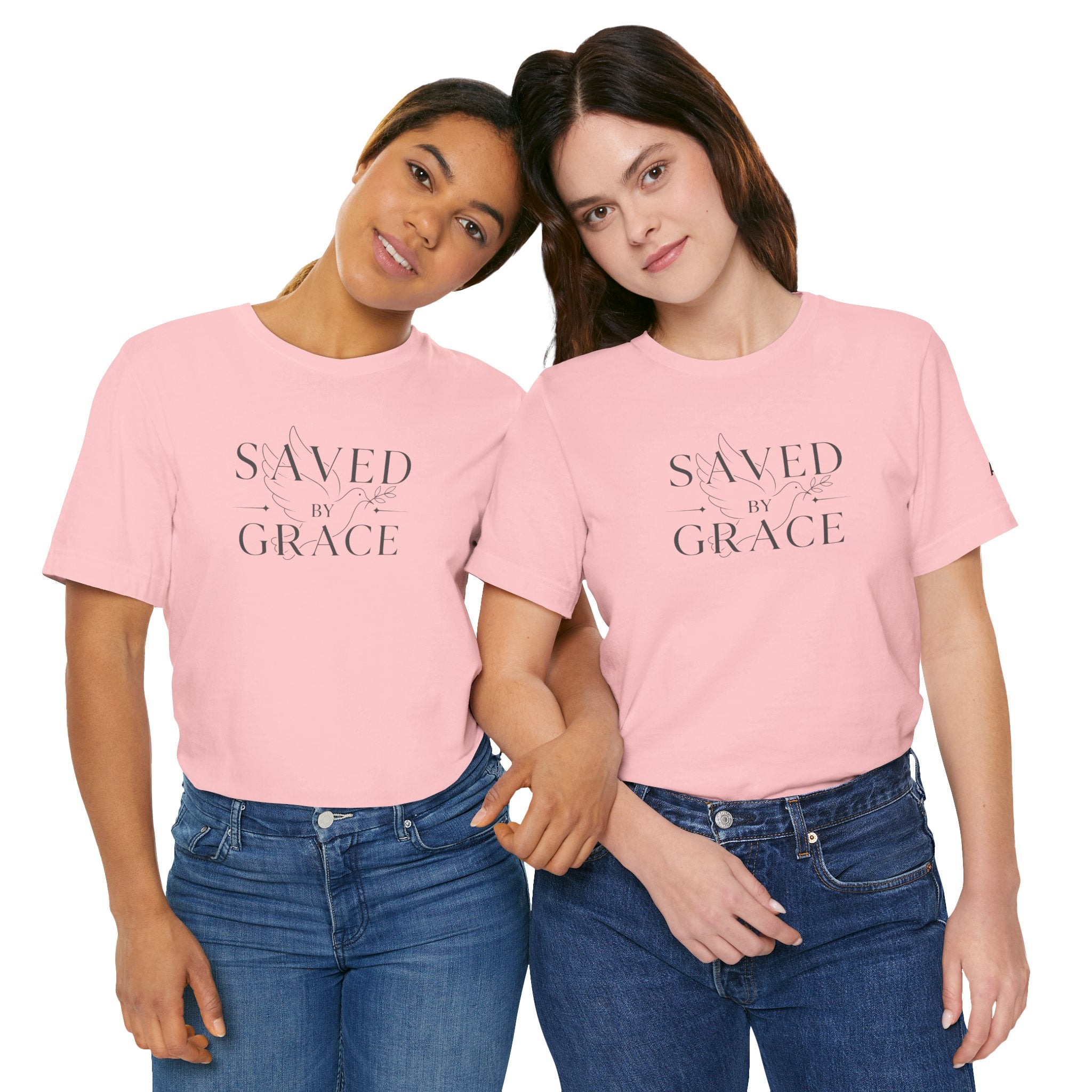 Ephesians 2:8 - "Saved by Grace" (Ladies) (Design on Front/Logo on Sleeve)