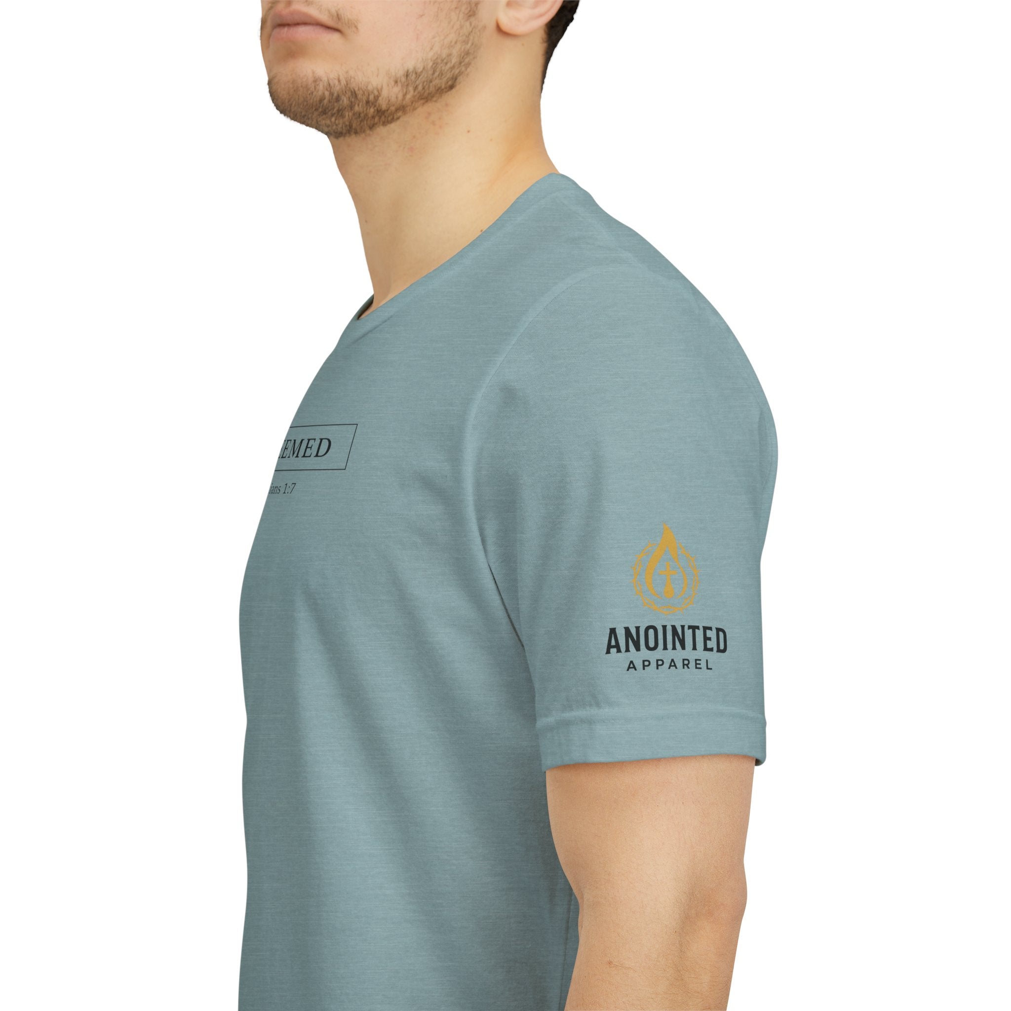 Ephesians 1:7 "Redeemed" (Design on Front/Logo on Sleeve)