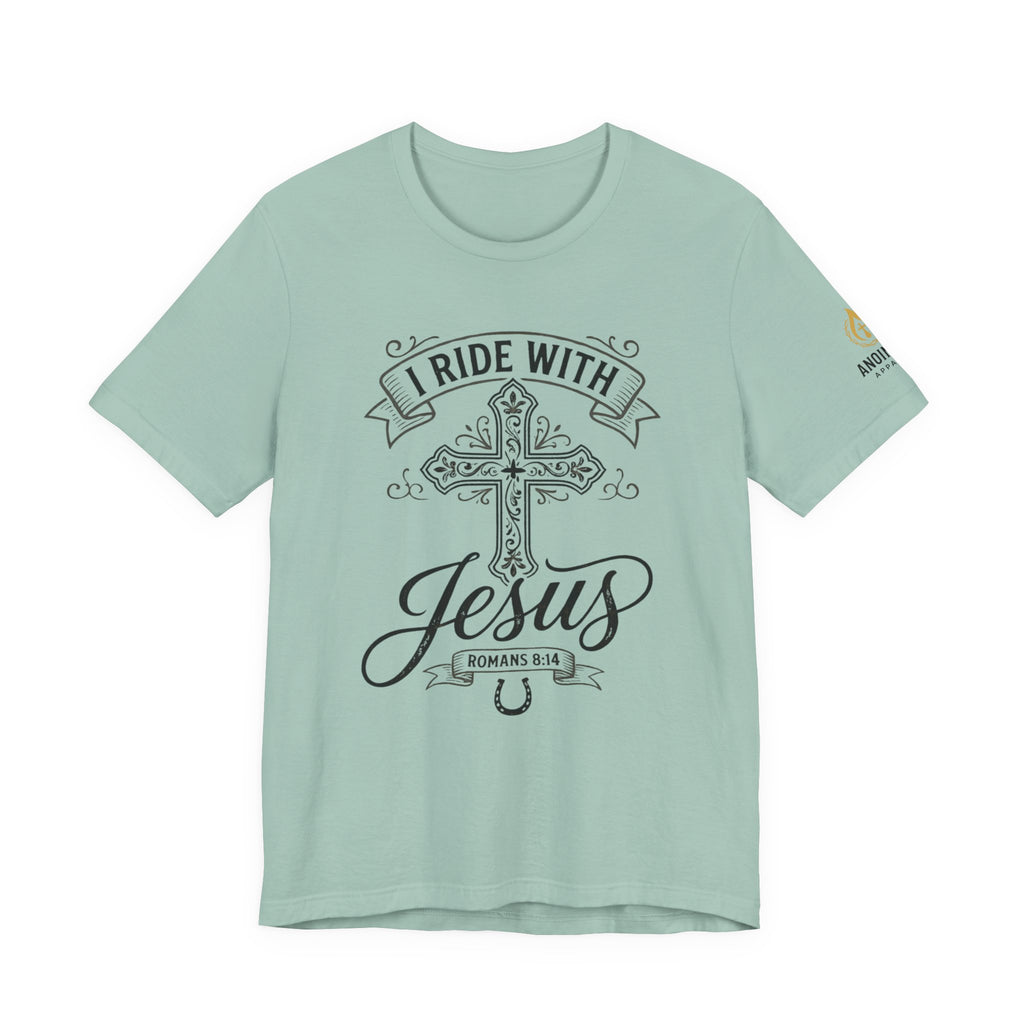 Romans 8:14 - "I Ride With Jesus" (Ladies) (Design on Front/Logo on Sleeve)