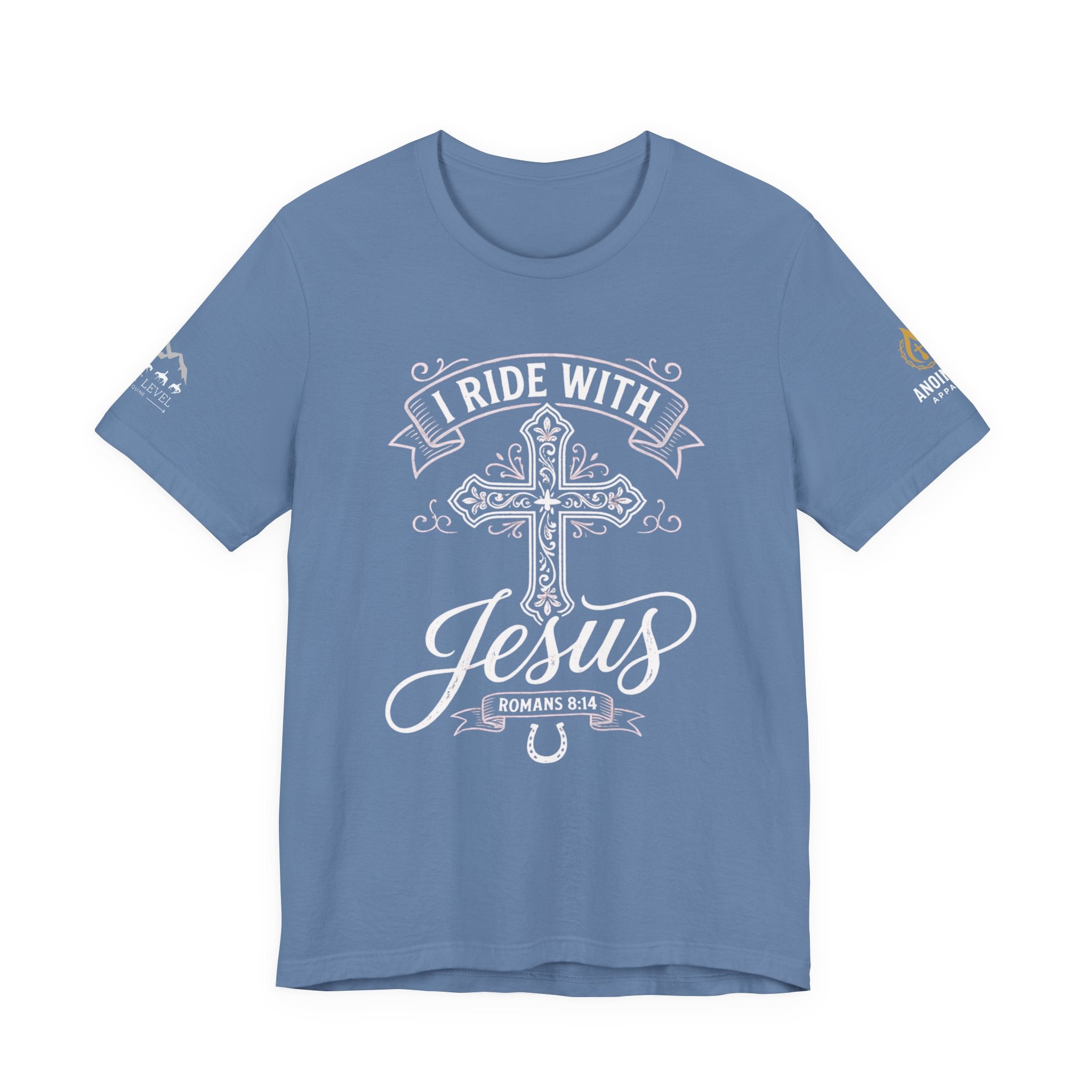 (NLE EDITION) Romans 8:14 - "I Ride With Jesus" (Ladies) (Design on Front/Logo on Sleeve)