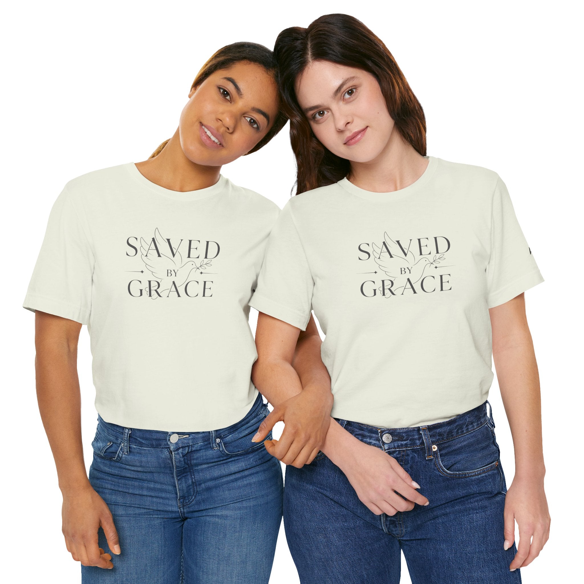 Ephesians 2:8 - "Saved by Grace" (Ladies) (Design on Front/Logo on Sleeve)