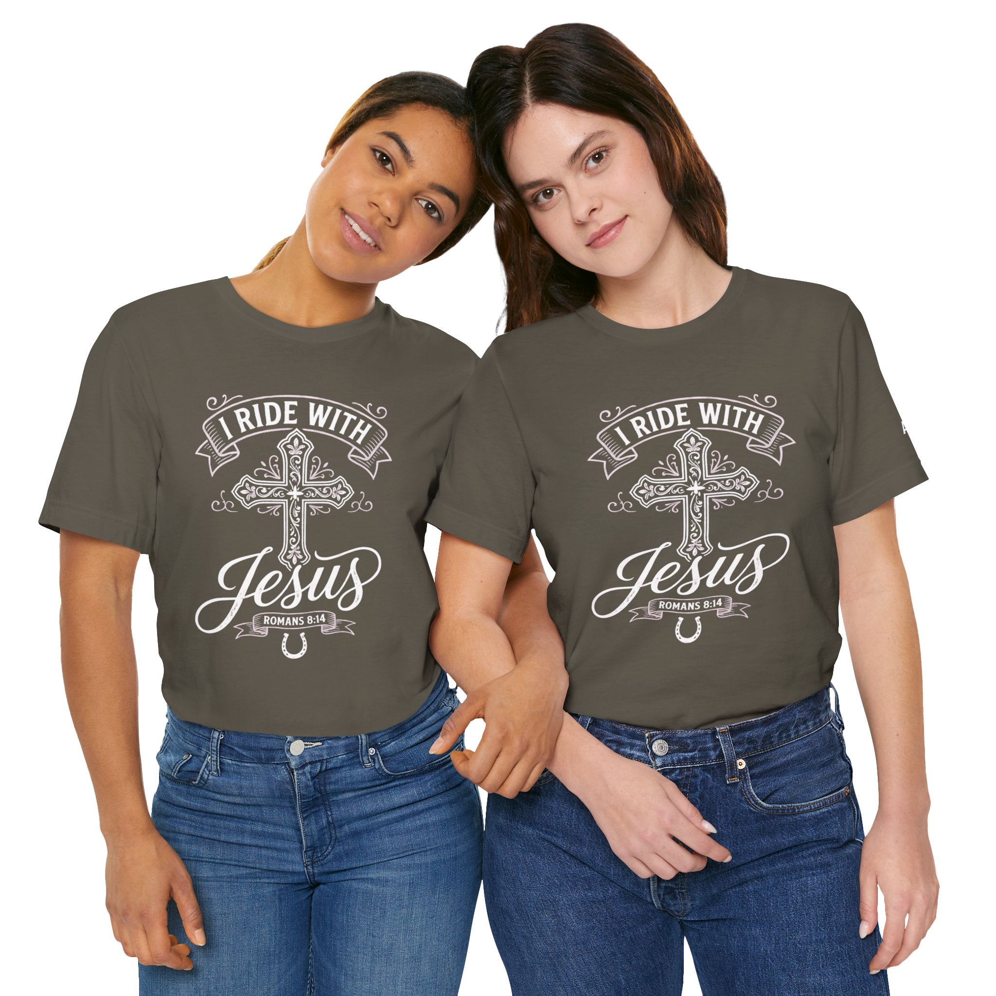 Romans 8:14 - "I Ride With Jesus" (Ladies) (Design on Front/Logo on Sleeve)