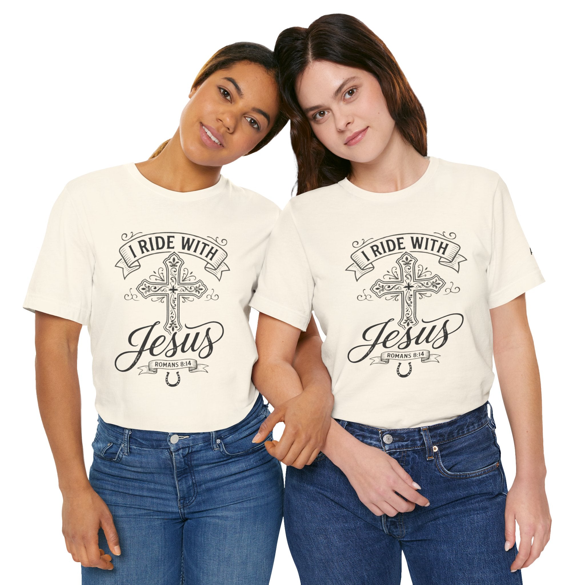 Romans 8:14 - "I Ride With Jesus" (Ladies) (Design on Front/Logo on Sleeve)