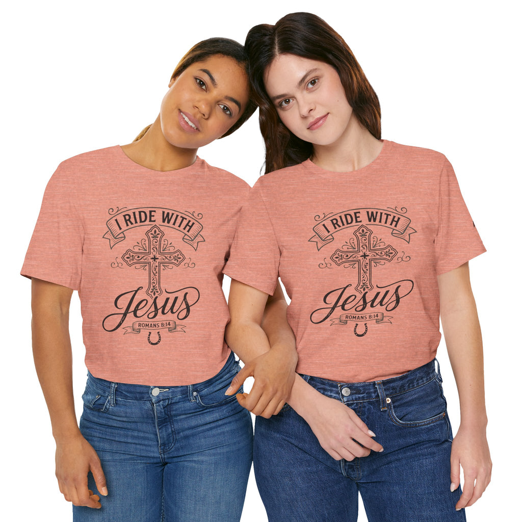 Romans 8:14 - "I Ride With Jesus" (Ladies) (Design on Front/Logo on Sleeve)