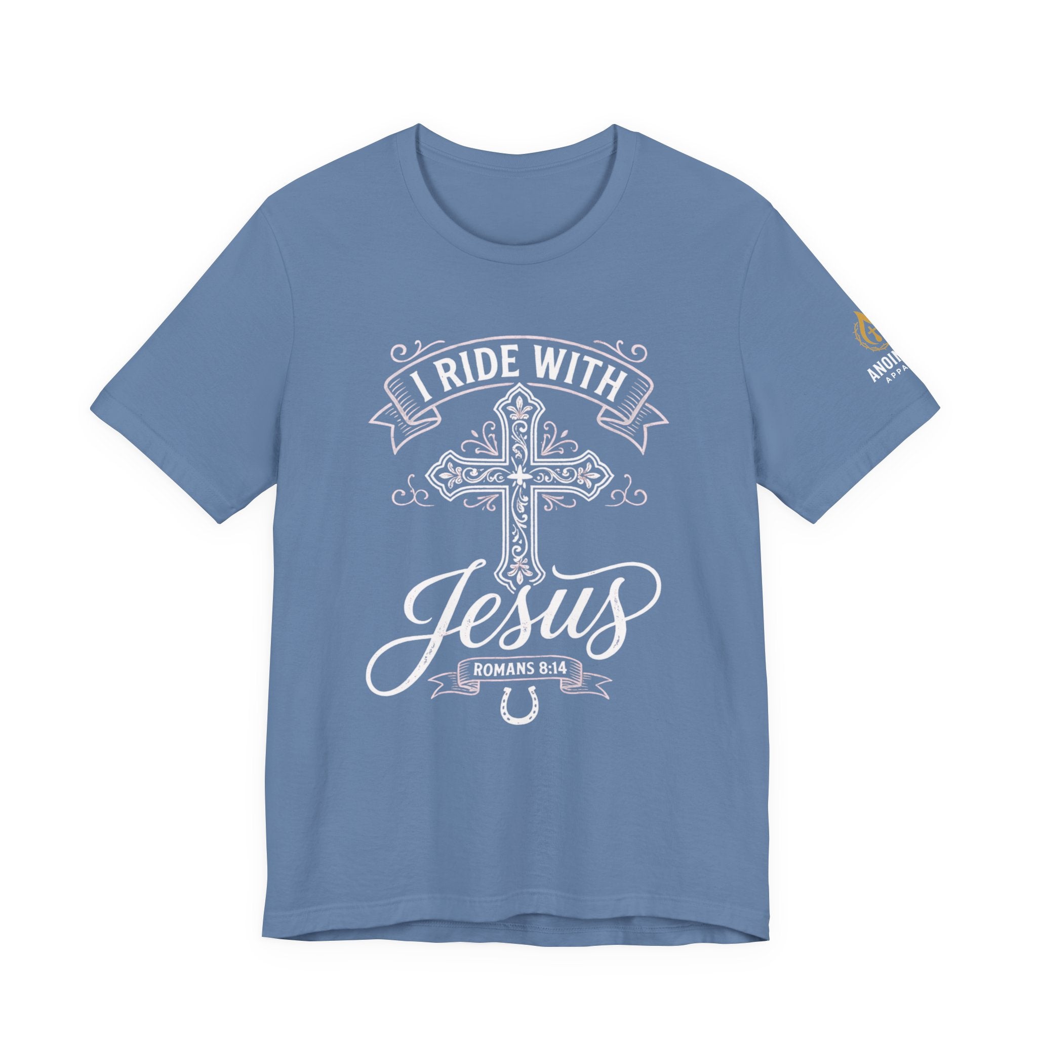 Romans 8:14 - "I Ride With Jesus" (Ladies) (Design on Front/Logo on Sleeve)