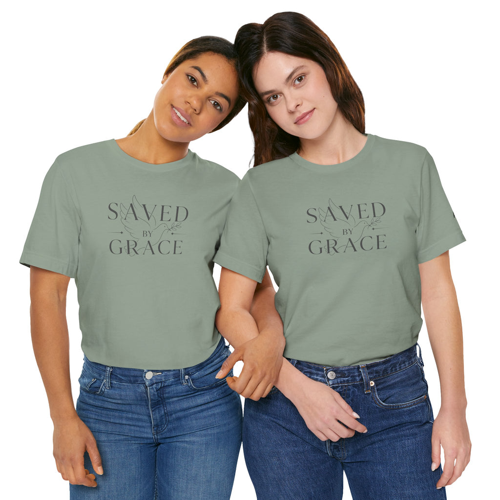 Ephesians 2:8 - "Saved by Grace" (Ladies) (Design on Front/Logo on Sleeve)