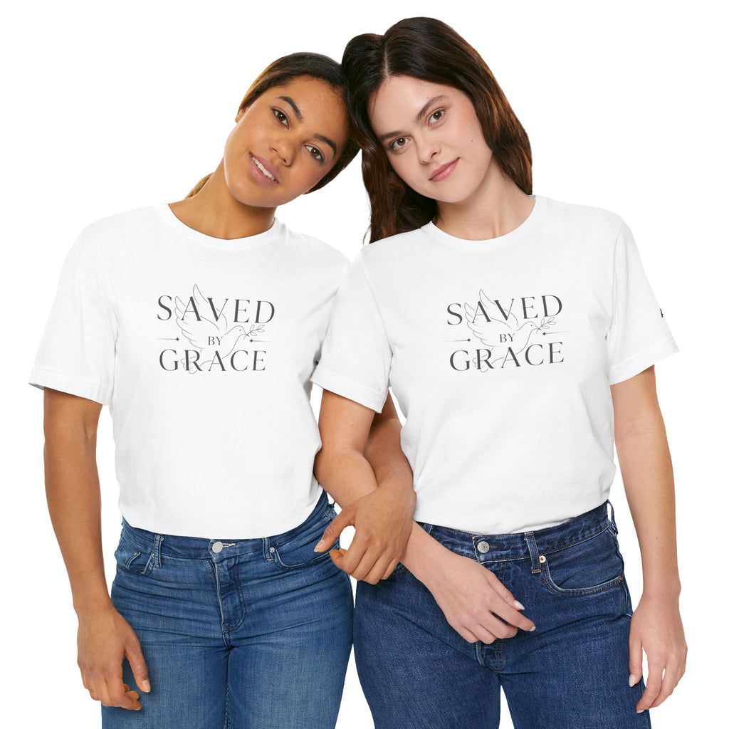 Ephesians 2:8 - "Saved by Grace" (Ladies) (Design on Front/Logo on Sleeve)