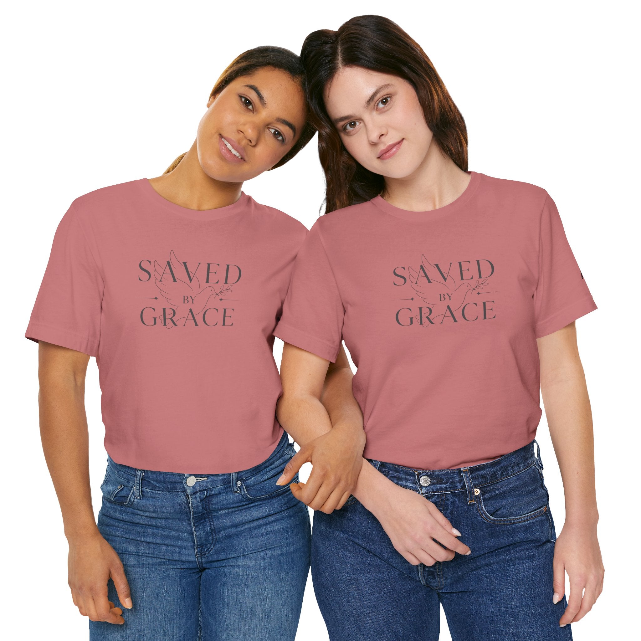 Ephesians 2:8 - "Saved by Grace" (Ladies) (Design on Front/Logo on Sleeve)